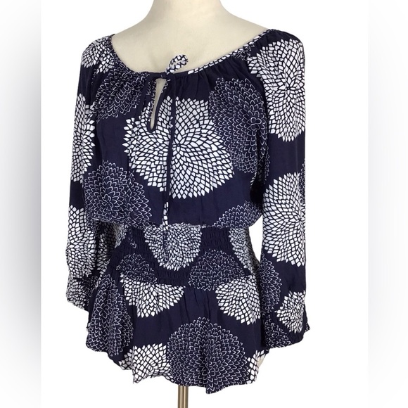 Daniel Rainn Blue White Floral 3/4 Sleeve Boho Blouse Size M - Picture 2 of 6